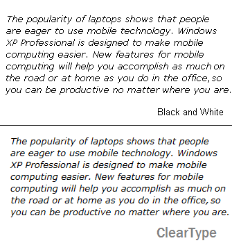 Comparison of the text with cleartype on and off